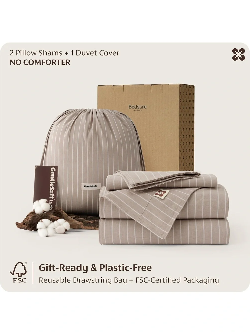 NEW Bedsure Striped Duvet Cover Set. Queen, 100% Washed Cotton. Linen‑Like. 3 PC